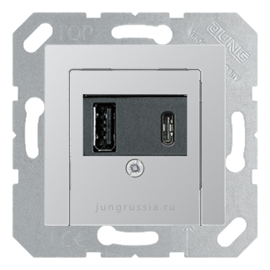 USB розетка для зарядки мобильных устройств тип А и USB тип С макс.3000 мА JUNG AS 500, алюминий
