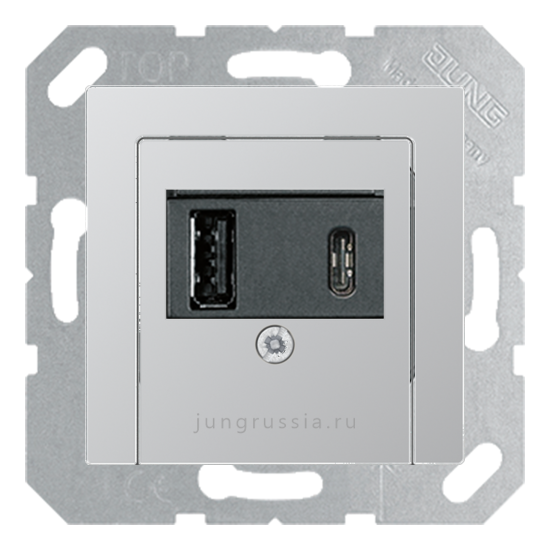USB розетка для зарядки мобильных устройств тип А и USB тип С макс.3000 мА JUNG A Flow, алюминий