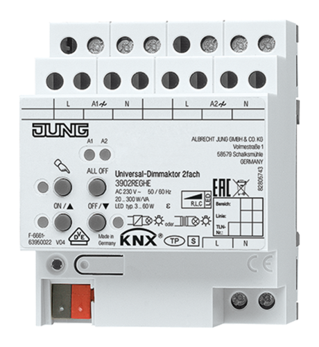 JUNG KNX Диммер универсальный , 2 канала 20-300 W/VA